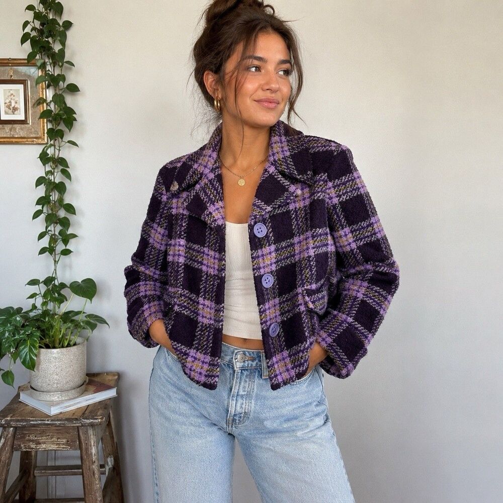 Chepe Italy Purple Plaid Bouclé Jacket NWT Women's Size S Textured Coat